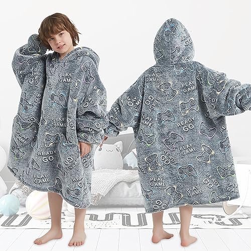 Fiosnow Glow in the Dark Game Controller Blanket Hoodies for Kids 6-13YR Oversize Wearable Blanket Hoodies for Boys Girls ...