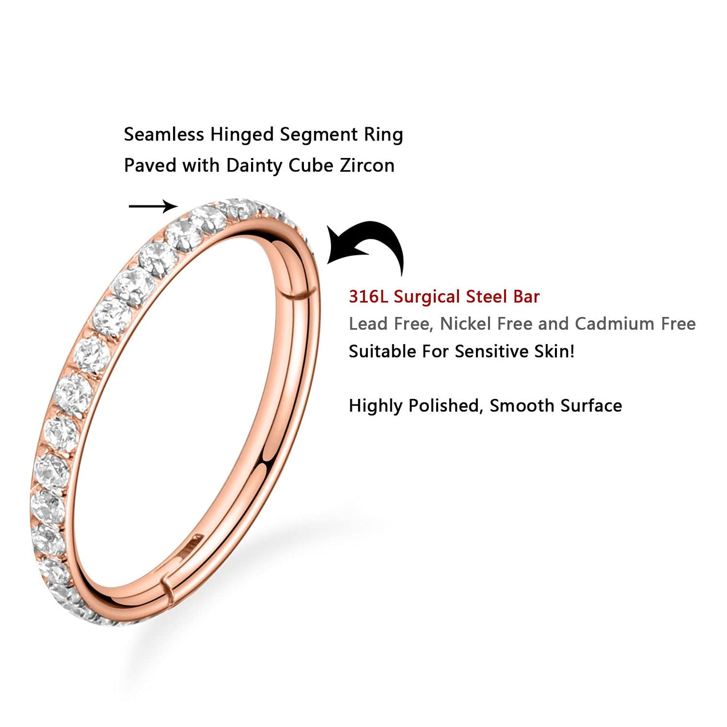 FUNLMO Nose Ring Hoop, 20G 10mm CZ Earrings for Cartilage, Tragus, Helix, Septum, Conch, Daith, Earlobe, Rose Gold