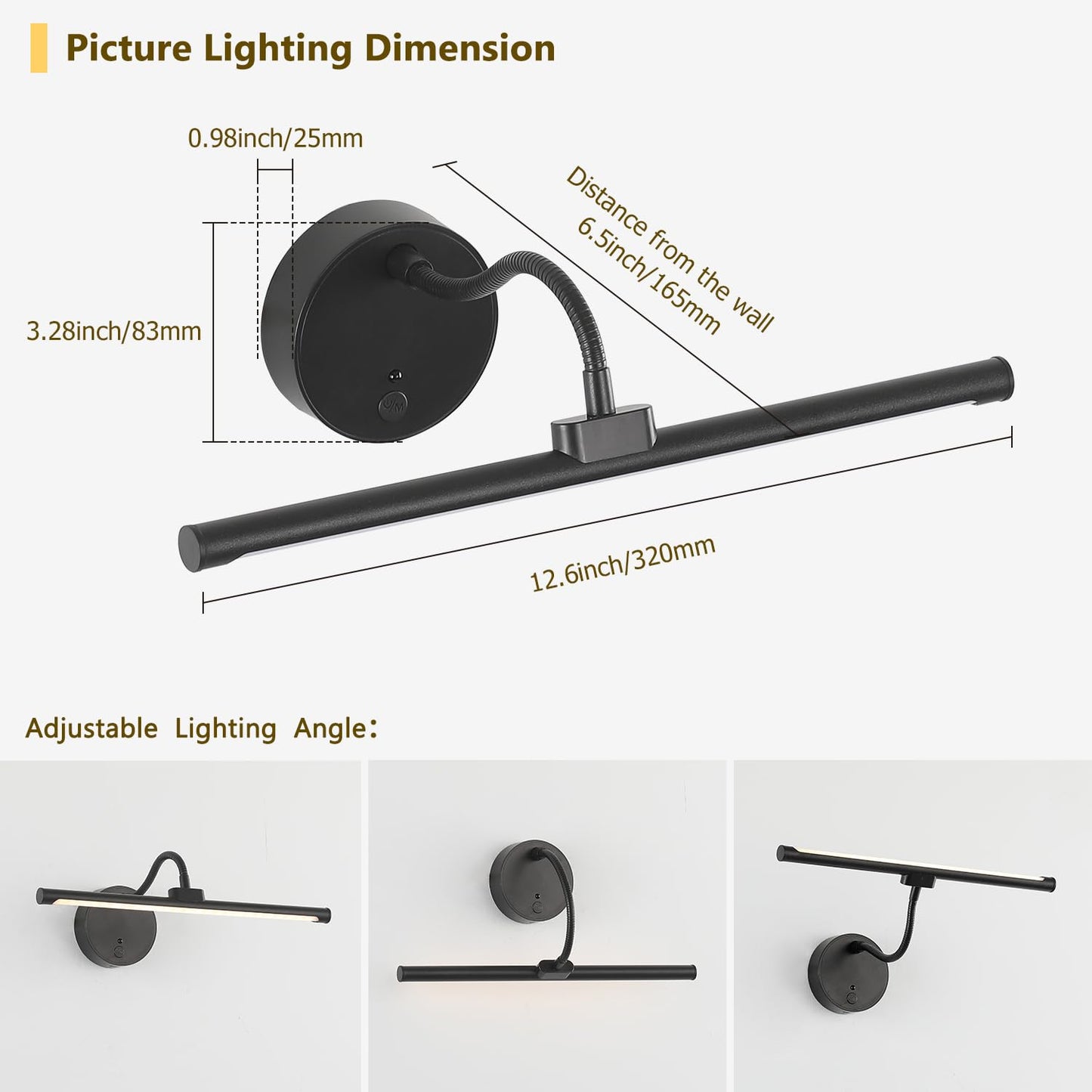 Picture Lights For Wall - Wireless Rechargeable Led Light With Remote  Adjustable Arm  Gold Battery Operated Display Lighting For discomfort-reducingtings  Bedroom  Gallery Wall D?Cor (Black  12.6 Inch - 1Pack)