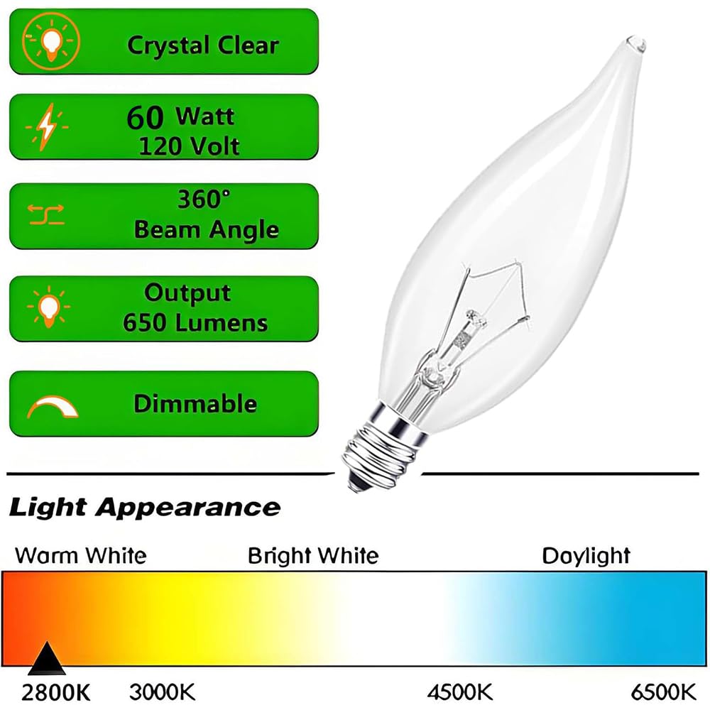 Sei  12Pc Candelabra Light Bulbs, 60W Clear E12 B10, Warm White 2700K, Dimmable, 600 Lumen, Glass