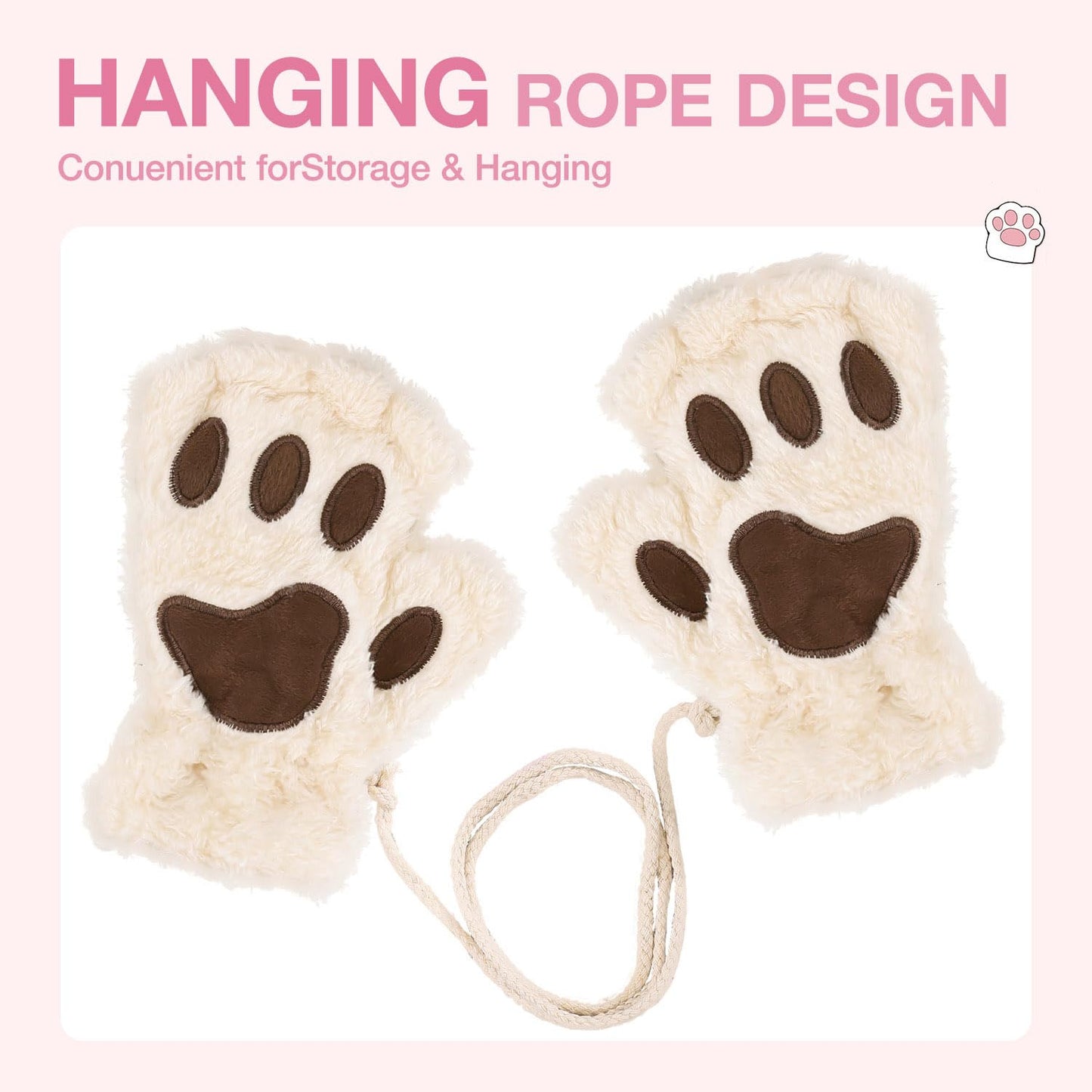 Tiny Chou Cat Paw Gloves for Cosplay Fancy Party Halloween Costume Accessories, Winter Soft Fingerless Warm Gloves for Women Girls, Beige