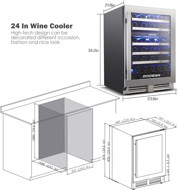BODEGA 24 Inch Wine Cooler,56 Bottle Wine Refrigerator Dual Zone, Built-In and Freestanding Wine Fridge,with Quick and Silent Cooling System for Red, Rose and Sparkling Wines,Stylish Look