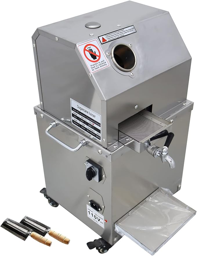 TECHTONGDA Sugarcane Press 110V 3 Rollers Sugar Cane Juicer Electric Sugar Cane Ginger Press with 304 Stainless Steel Rollers and Water Injection Hole 660lb/h Productivity for Commercial Use