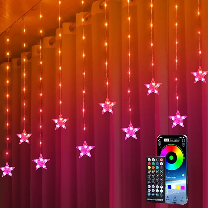KepStars Star Curtain Lights, 10ft x 3.3ft RGB LED Color Changing String Fairy Lights Stars Curtain, Smart APP & IR Remot...