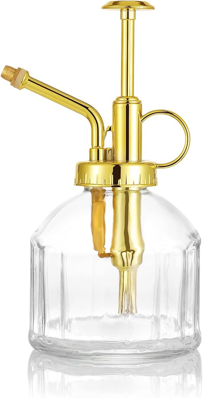 Glass Plant Mister Spray Bottle, Succulent Watering Bottle with Golden Top Pump, Vintage Plant Spritzer, Decorative Water Sprayer Small Watering Can for Indoor Outdoor Houseplant - Clear