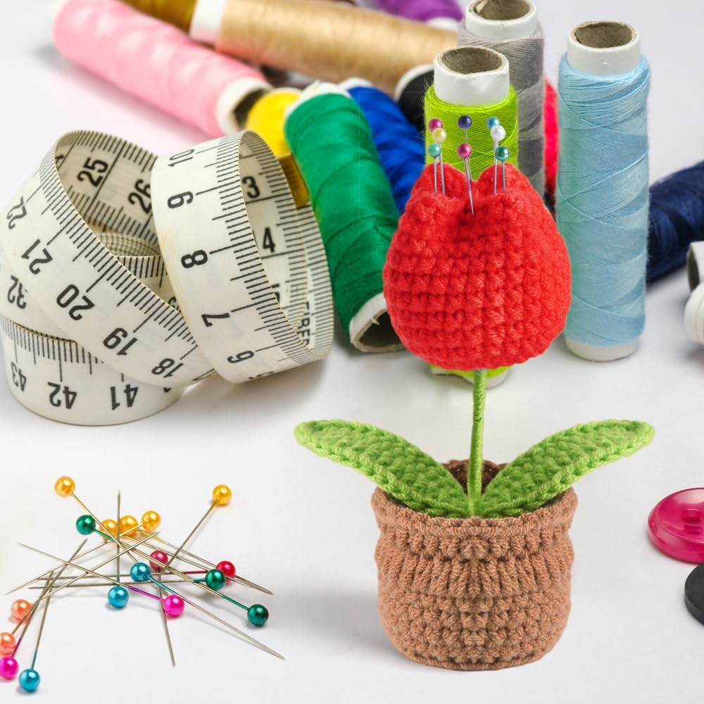 Tulip Pin Cushion, Handmade Knitted Pincushions, Cute Pin Cushions Needle Holders for Sewing Quilting Accessory, DIY Crafts or Patchwork Decor.Flowerpot Design Red Tulip