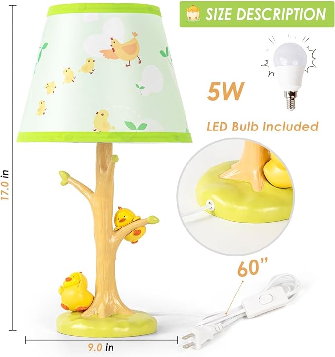 Table Lamp for Kids, 16 Inch Cute Chicken Bedside Lamp with LED Bulb, Animal Resin Desk Lamp for Boys Girls Bedroom or Nursery Decor