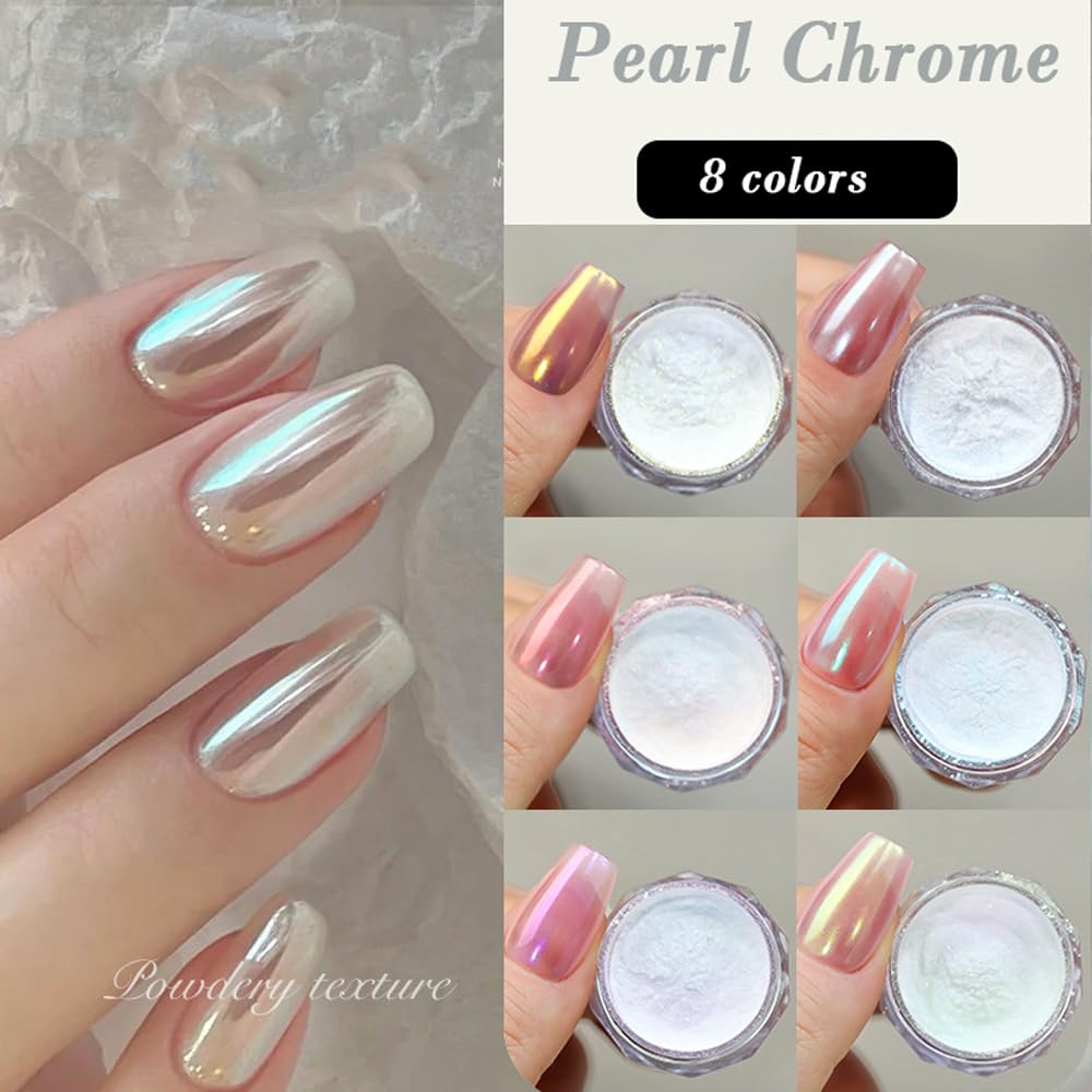 Pretty Diva 8 Colors Iridescent Pearl Chrome Nail Powder, Aurora Pearl Nails Chrome White Pearl Chrome Powder for Nails Metallic