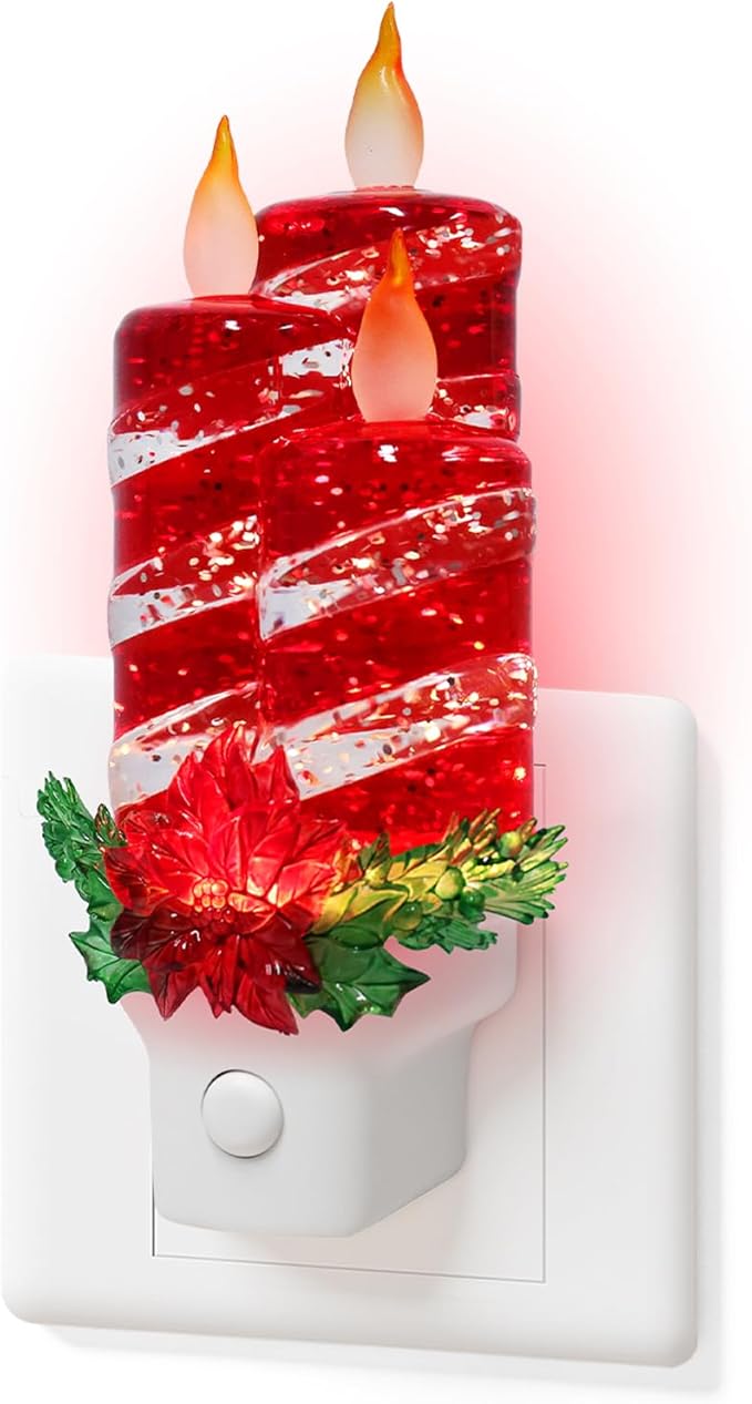 Christmas Candle Night Light Plug into Wall Swirling Glitter USB Portable Christmas Decorative Night Light Decoration for Kids Adults Bedroom Kitchen Living Room Holiday Decor (Red Candles)