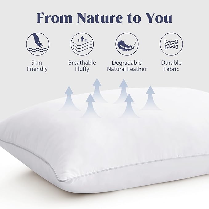 puredown® Goose Feathers Bed Pillows, 100% Cotton Cover, King Size Hotel Collection Pillows Set of 2 for Sleeping with Silver Piping, Feather and Polyester Filling