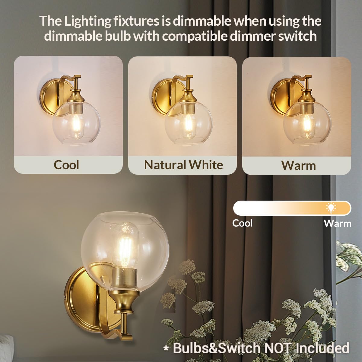 Andy Star Brushed Gold Bathroom Light Fixtures  Brass Vanity Lights For Mirror  1-Light Bathroom Wall Sconces Lighting With Globe Clear Shade Up Or Down Wall Mounted For Kitchen  Living Room  Hallway