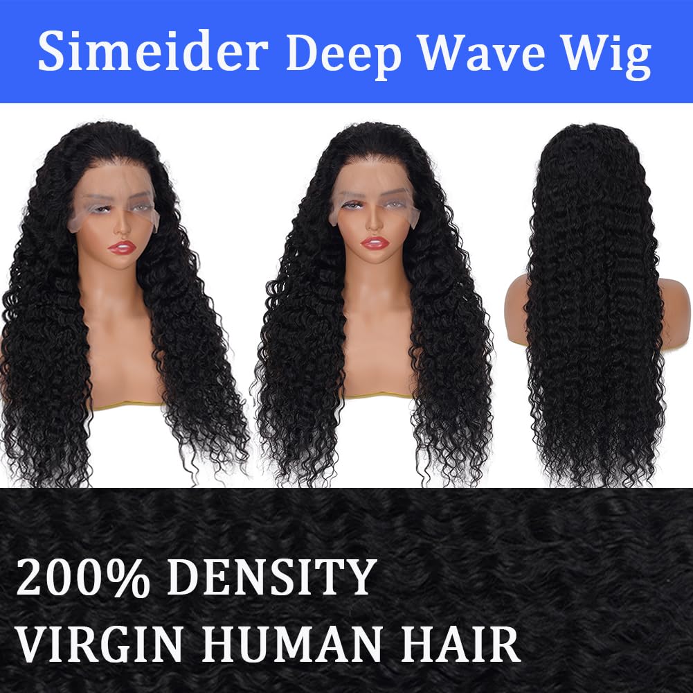 Simeider 34 Inch Deep Wave Human Hair Lace Front Wig - 13x6 HD Lace Frontal, 200 Density, Pre-Plucked With Baby Hair