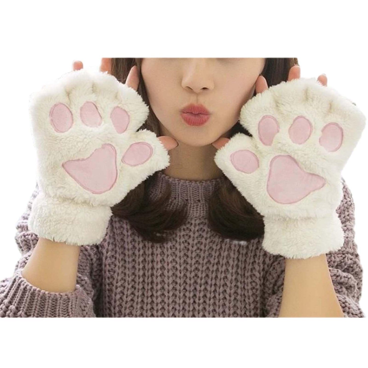Furry Cat Paw Gloves Winter Fluffy Plush Fingerless Mittens for Women & Teen Girls Cute Cartoon Kawaii Accessories (White,One Size)
