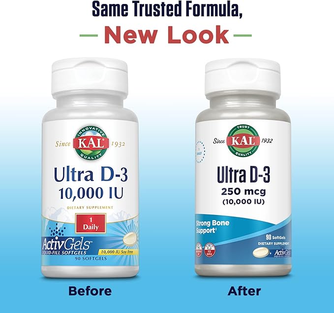 KAL Ultra Vitamin D3 10000 IU Softgels (250 mcg), High Potency Vitamin D, Calcium Absorption, Bone Health and Immune Support Supplement, Liquid Filled ActivGels, Made Without Soy, 90 Serv, 90 Softgels