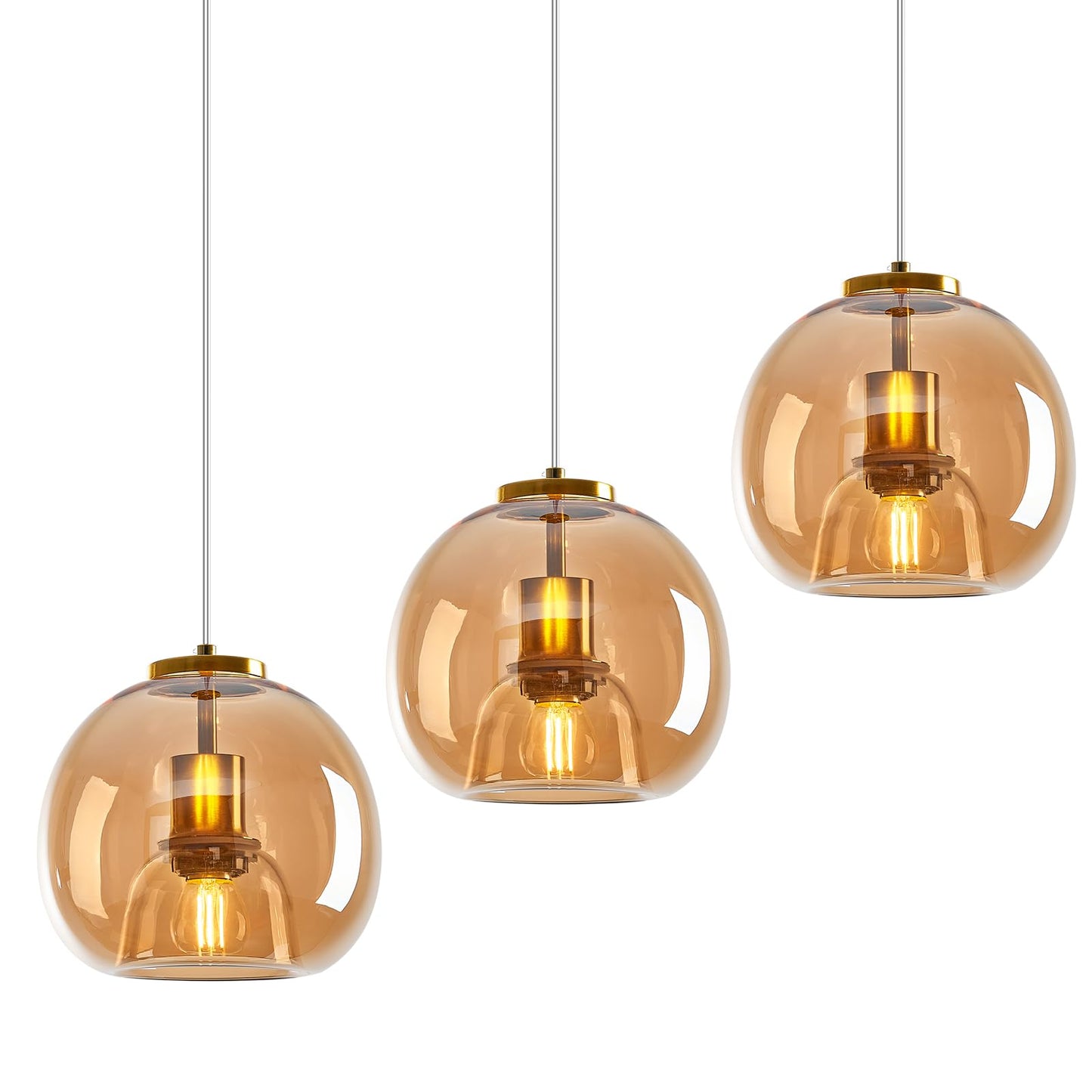 Lbsqj Amber Glass Pendant Lights Kitchen Island Gold Hanging Light Fixture Glass Globe Pendant Light Modern Pendant Lighting For Kitchen Island Bedroom Dining Room (7.87  3 Pack)