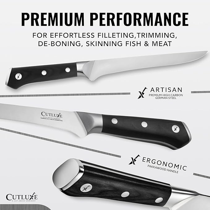 Cutluxe Boning Knife – 6" Razor Sharp Fillet Knife – High Carbon German Steel – Full Tang Ergonomic Handle Design, Grilling Gifts for Men – Artisan Series