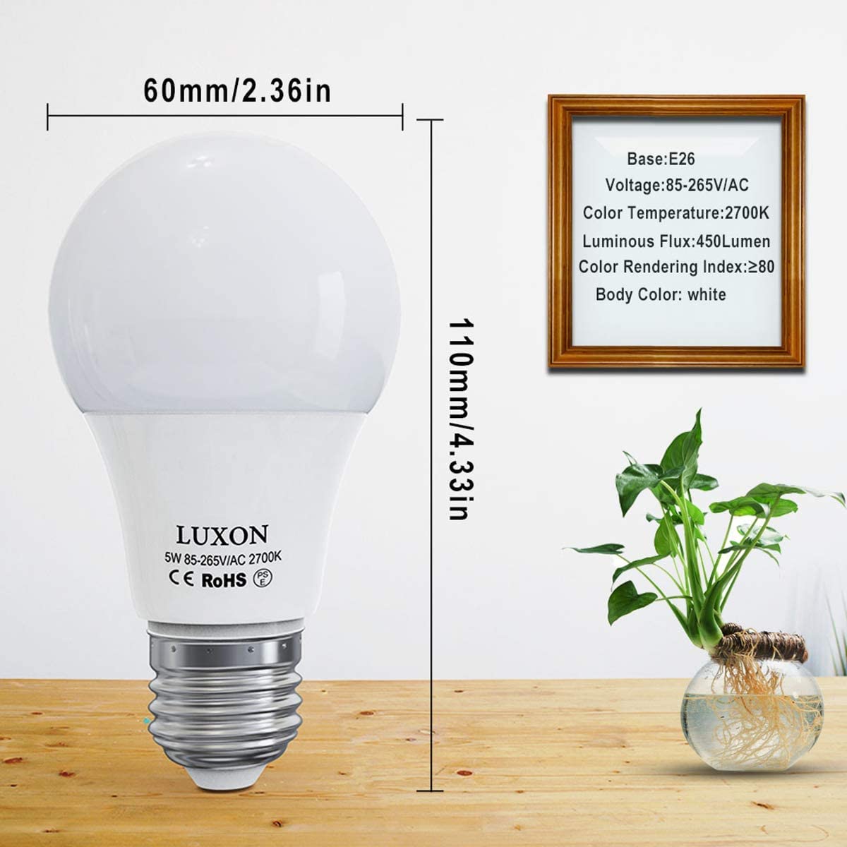 LUXON Motion Sensor Light Bulb, 5W LED, Dusk to Dawn, E26 Base, Warm White 2700K, Auto On/Off, 2 Pack