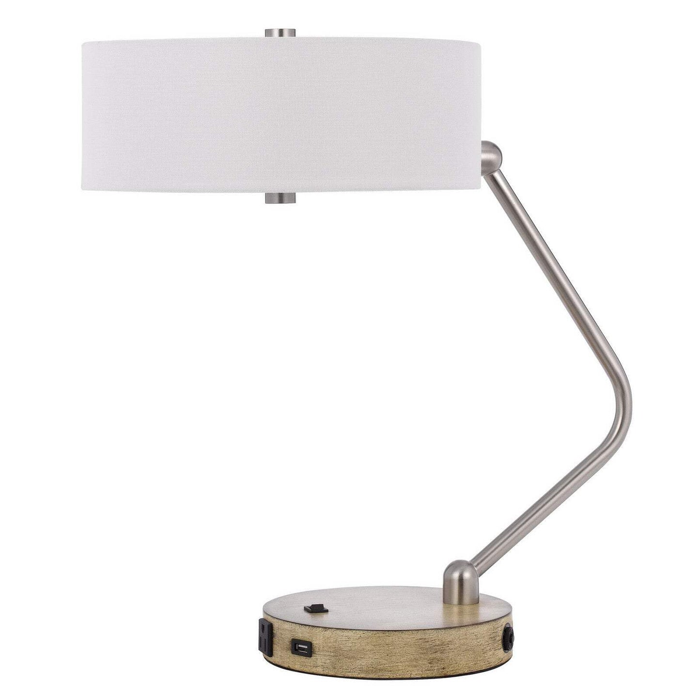 Homeroots Nickel Metal Two Light Usb Desk Lamp With White Drum Shade, Model 524743, 20 In.