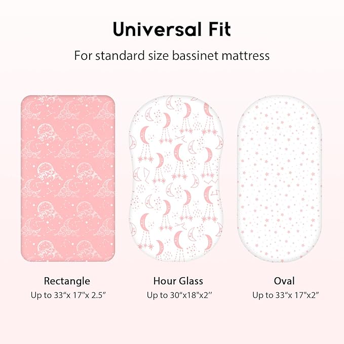 Baby Bassinet Sheets Girl Boy, Fitted Bassinet Sheet Set 3 Pack Bassinet Mattress Sheets Universal Fit for Rectangle, Round, Oval, Hourglass Mattress, Soft Breathable Pink White Moon