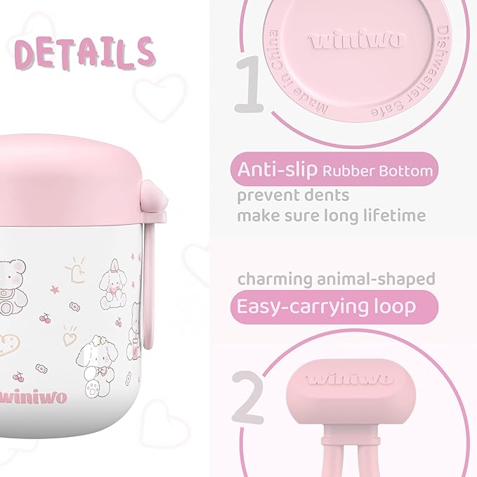 12oz Insulated Food Jar for Kids, Easy Carry, Wide Mouth, Thermos for Hot Food, Soup, Salad, Sandwich, School Lunches (Pink-Rabbit)