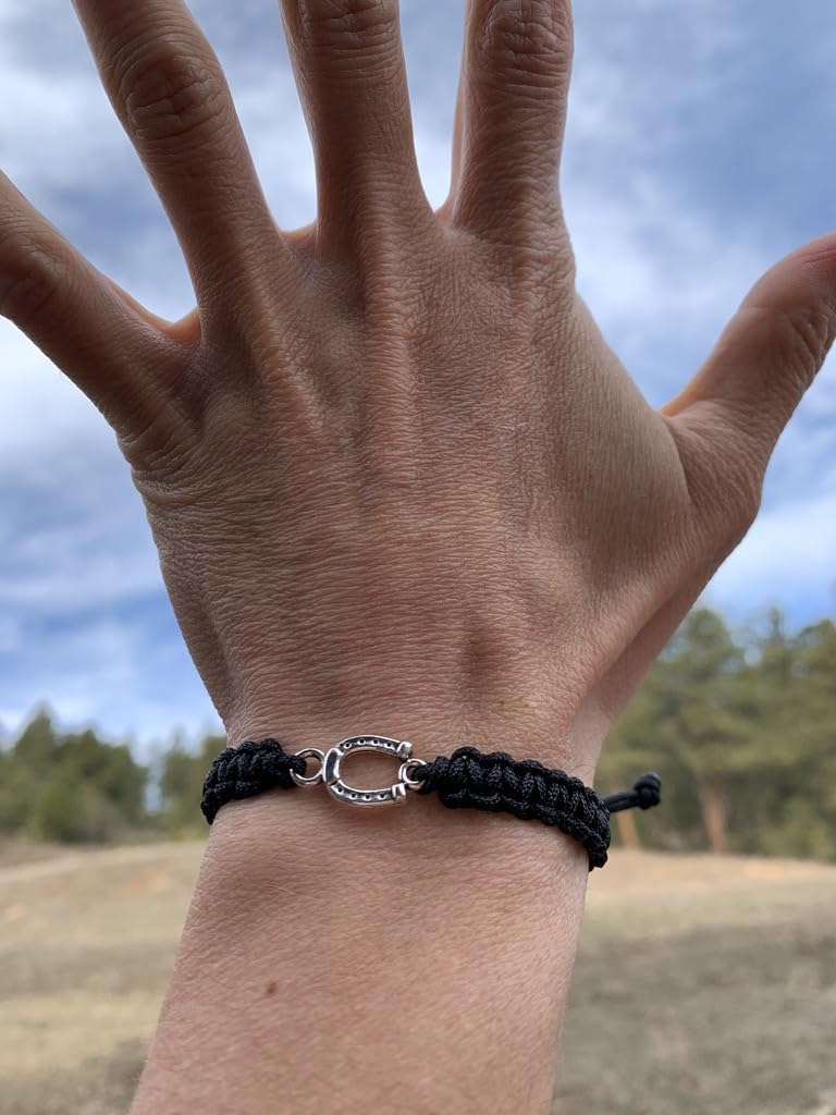 Sportybella Horseshoe Bracelet for Girls & Women - Black Adjustable Rope Bracelet with Silver Horseshoe Charm - Equestrian Jewel