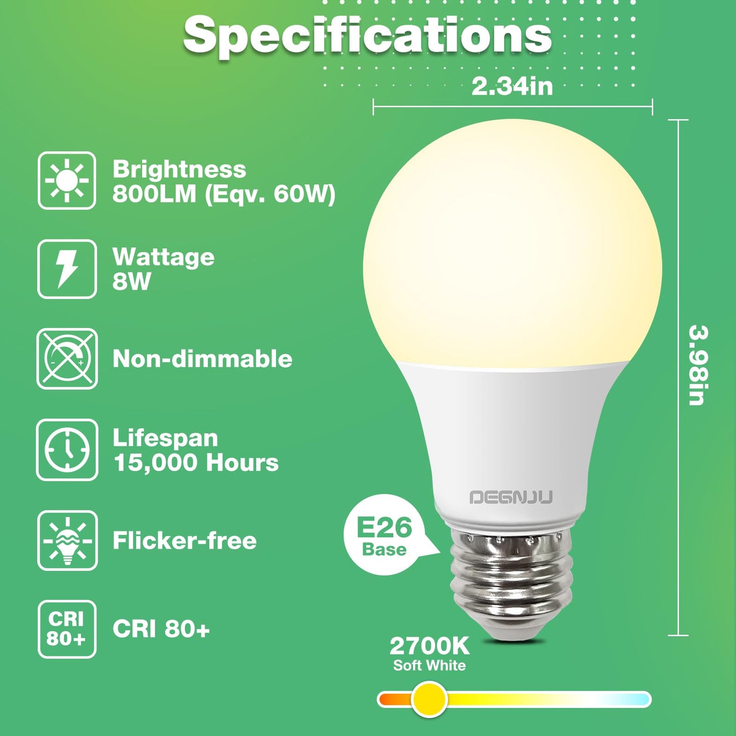 Degnju 48 Pack A19 Led Light Bulbs 60W Equivalent  Soft White 2700K  800 Lumens  E26 Base  Non-Dimmable  8W Energy Efficient Warm Led Bulbs For Home Lighting