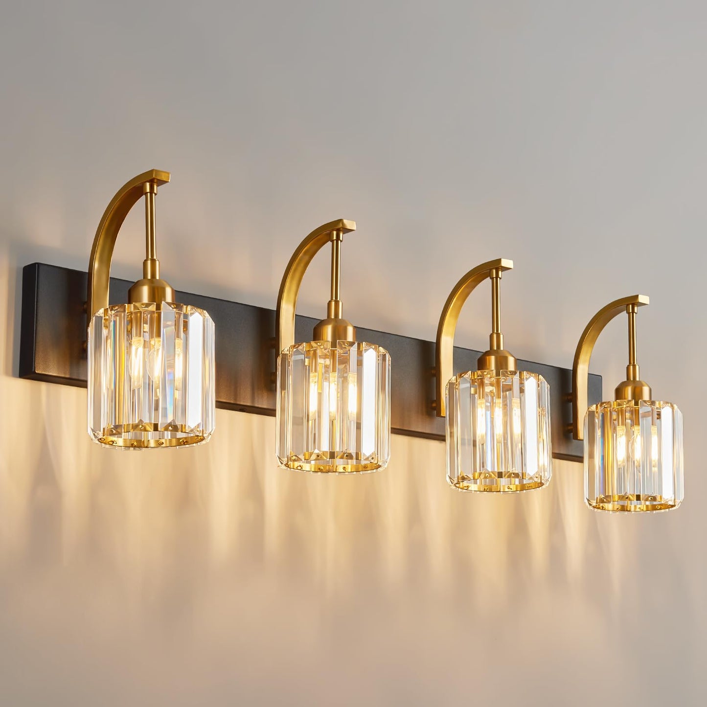 Fdpby 4-Light Crystal Vanity Light  Modern Black Gold Bathroom Wall Sconce With K9 Crystal Shades  32.67 Long Over Mirror Lighting For Vanity  Makeup  Hallway  Elegant & Easy Install