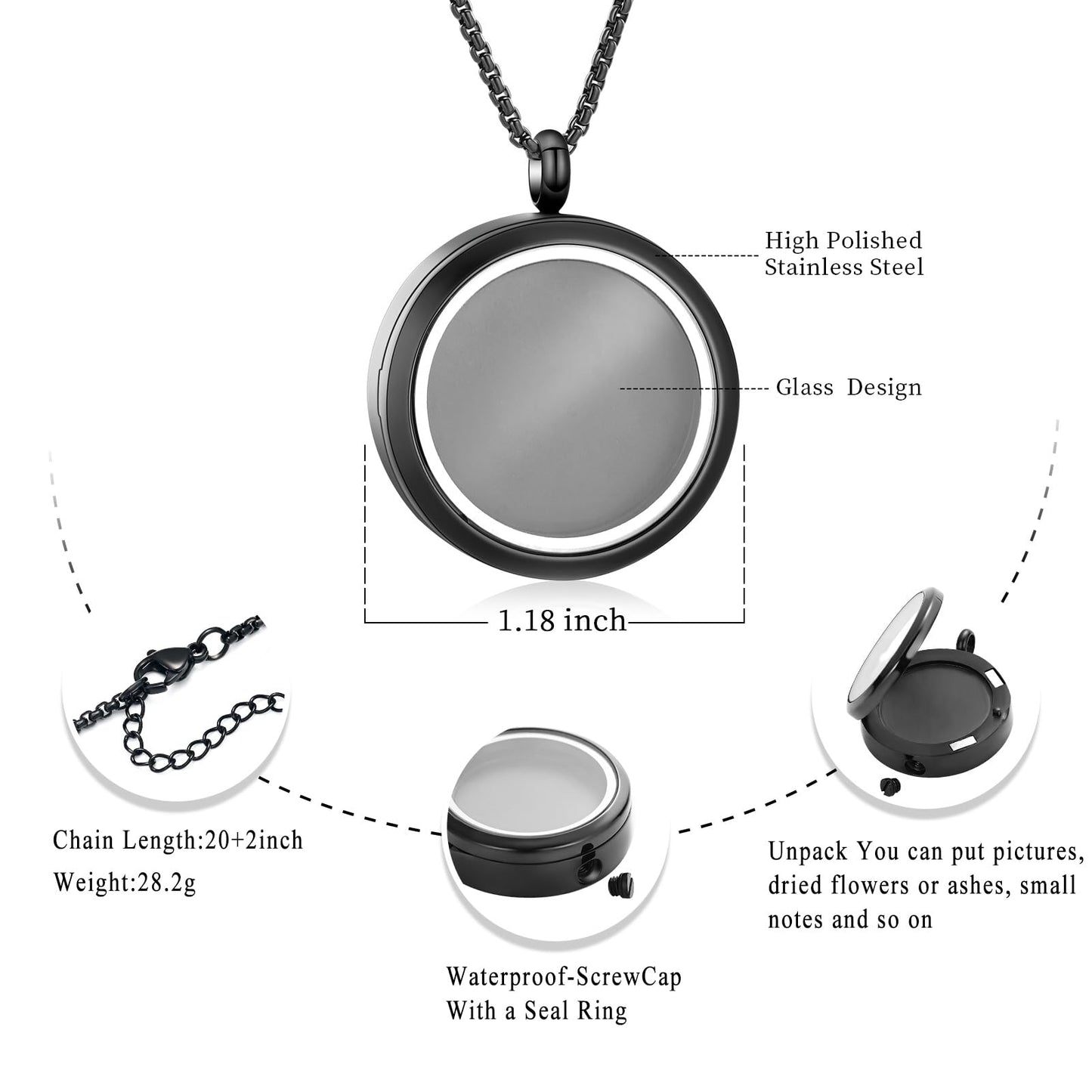 Oinsi Cremation Locket Necklace For Ashes Of Loved One Carry Photo Glass Memorial Urn Jewelry 316L Stainless Steel Keepsake Gift