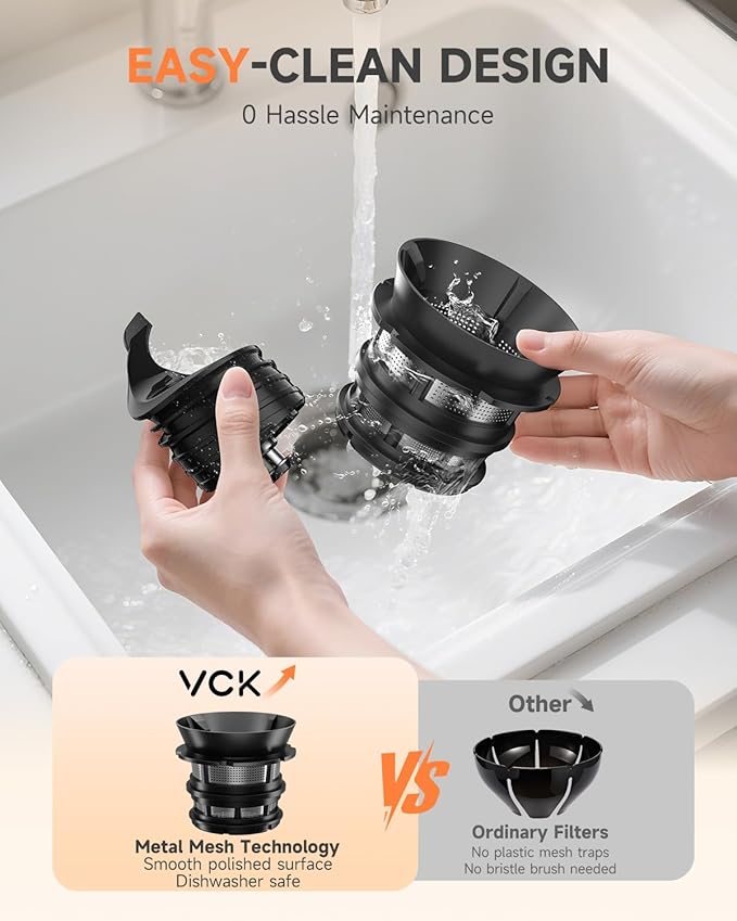 VCK Cold Press Juicer - Large 5.12" Feed Chute, Easy to Clean Slow Masticating for Nutrient Retention Quiet 250W Motor -Silver