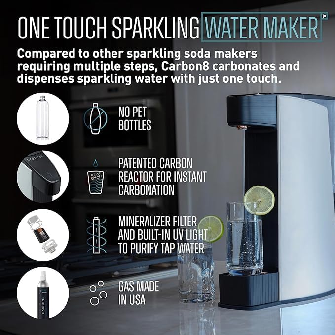 Carbon8 Sparkling Water Maker Machine, Home Soda Stream Machine, Screw-In CO2 Carbonator, Countertop Water Mineralizer, Seltzer Soda Maker Dispenser, CO2 Cylinder Not Included, White