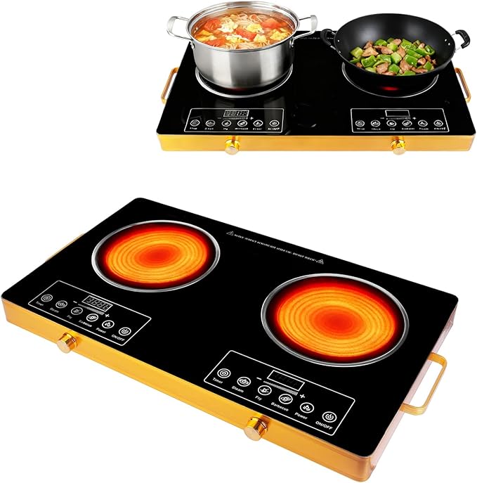 Double Burner Infrared Electric Cooktop, 3500W Ceramic Hot Plates for Countertop, 11 Power Levels 0-4H Timer, LED Display, Portable Handle, Portable Stove for Home RV Camping(Black)