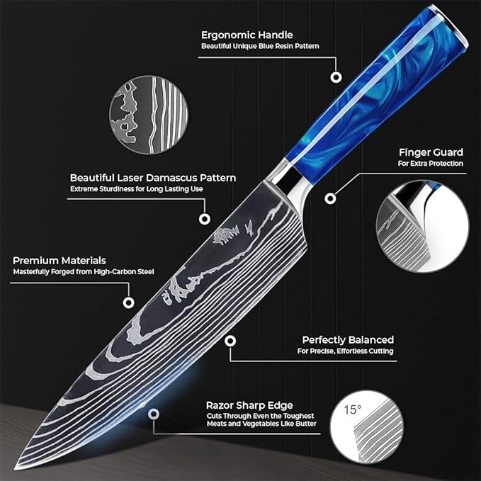 SENKEN 16-Piece Kitchen Knife Block Set - Japanese Chef's Knife Set with Laser Damascus Pattern, Includes 6 Steak Knives and Smoothly Finished Acacia Hardwood Knife Block (Blue Resin Handles)