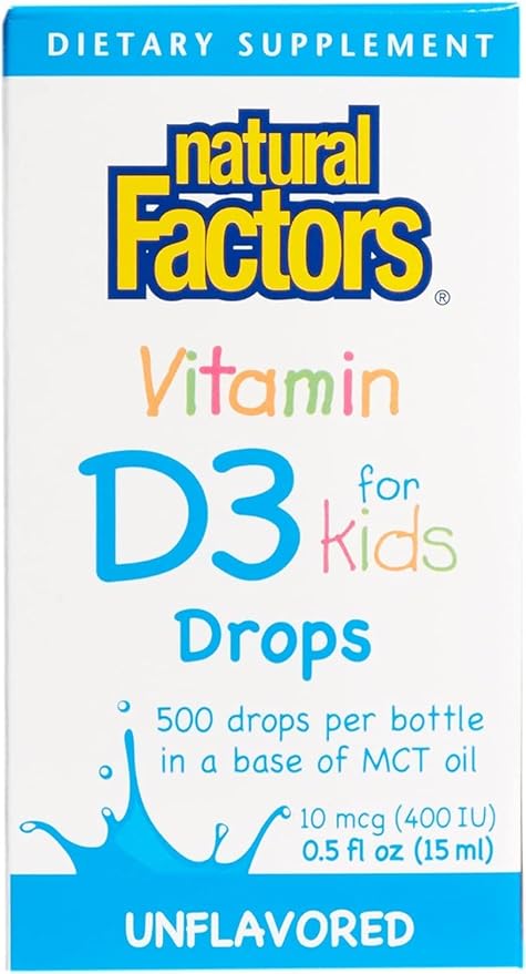 Natural Factors, Vitamin D3 Drops 400 IU (10 mcg) for Kids, Supports Strong Bones and Immune Function, 0.5 fl oz, 0.5 Oz