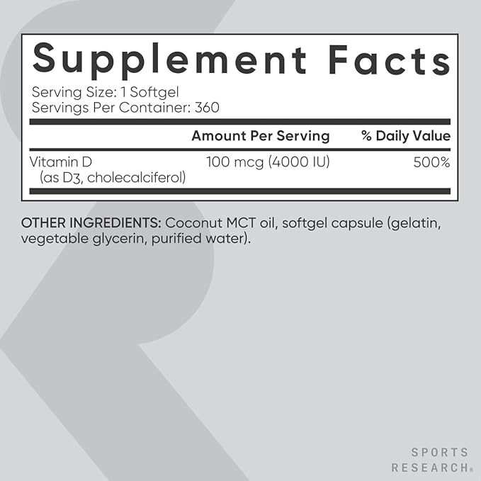 Sports Research® Vitamin D3 4000 IU with Coconut MCT Oil - Double Strength Vitamin D Supplement - Gluten Free · Non-GMO · Soy Free - 360 Count Softgels