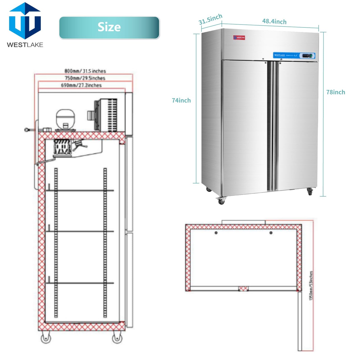 WESTLAKE Commercial Freezer 48"W 2 door 2 Section Stainless Steel Reach in Solid door Fan Cooling 36 Cu.ft Freezer for Restuarant, Bar, Shop, etc
