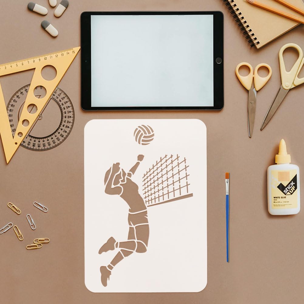 FINGERINSPIRE Play Volleyball Stencil with a Paint Brush 11.7x8.3Inch Reusable Volleyball Net Stencil PET Net Decoration Template Sports Themes Template for Painting on Wood Wall Floor Furniture