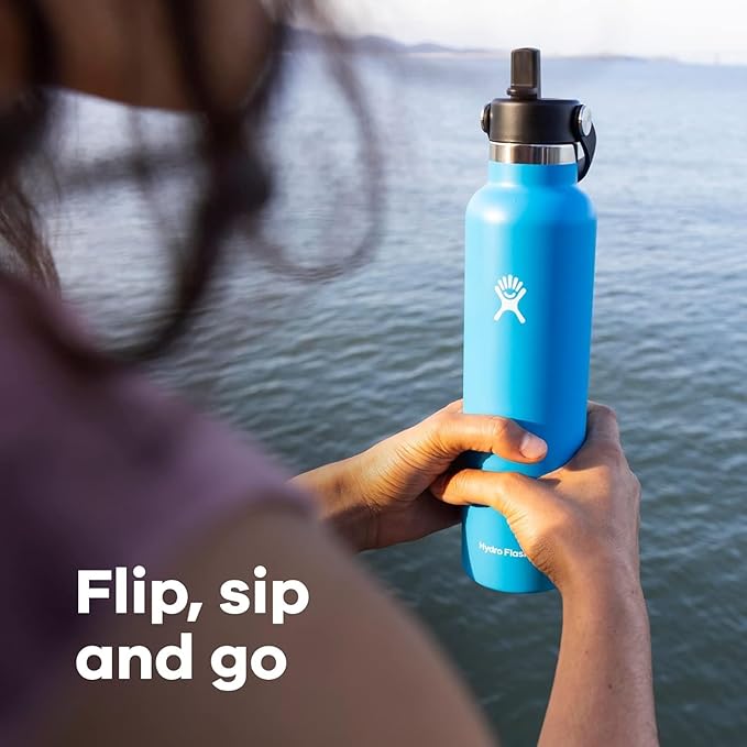 Hydro Flask 24 Oz Stainless Steel Standard Mouth Water Bottle with Flex Straw Cap and Double-Wall Vacuum Insulation