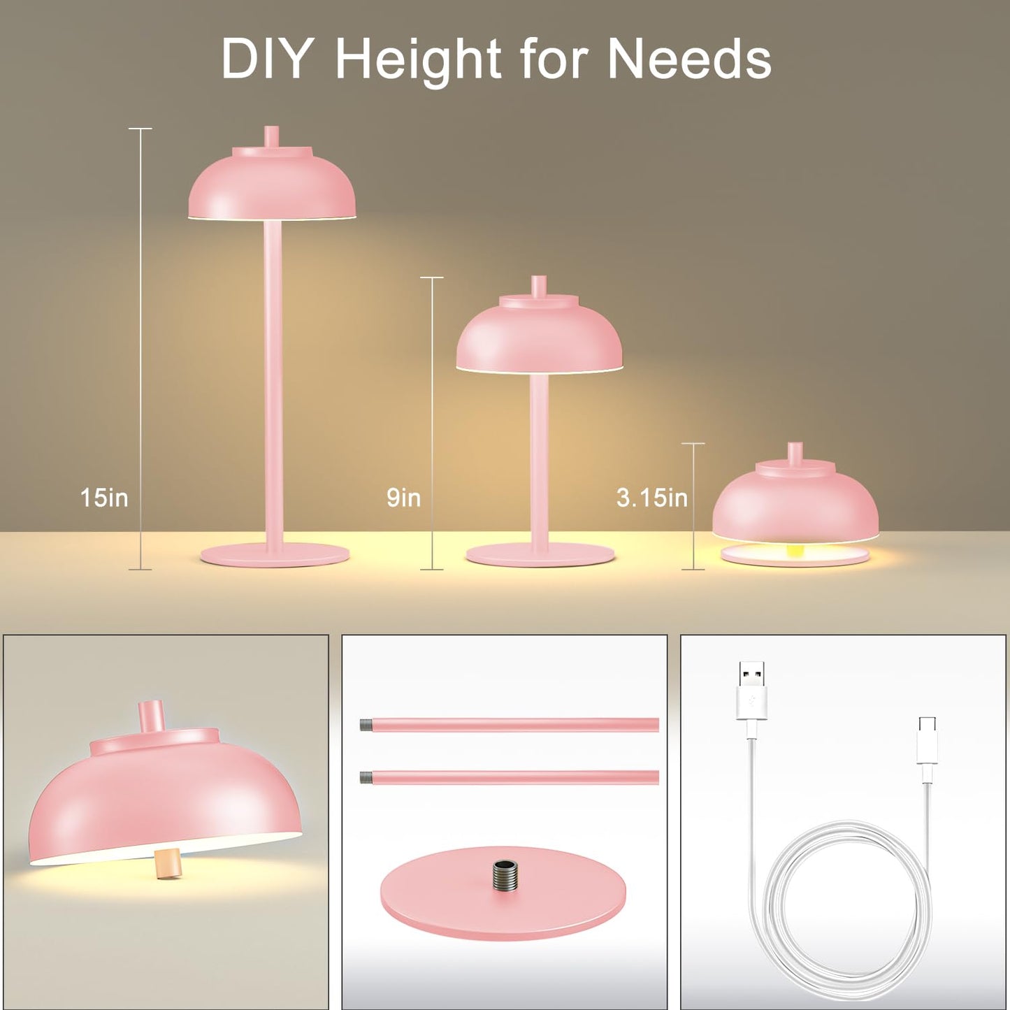 Moragin Pink Table Lamp Set of 2, Rechargeable, IP65 Waterproof, Touch Control & Dimmable, Metal, Outdoor/Indoor Lighting