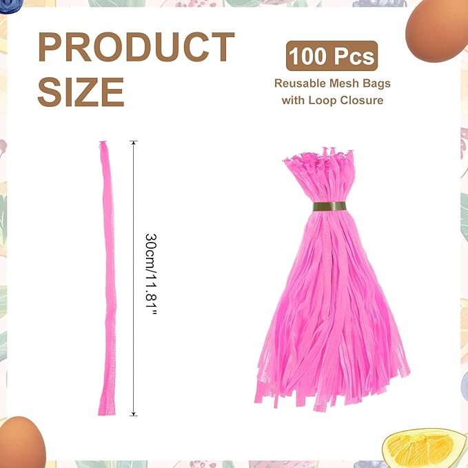 uxcell 100Pcs Reusable Produce Mesh Bags, 30cm Mesh Nylon Netting with Loop-Style Closures, Stretchable Egg Hatching Bags for Fruit Vegetable Storage, Pink