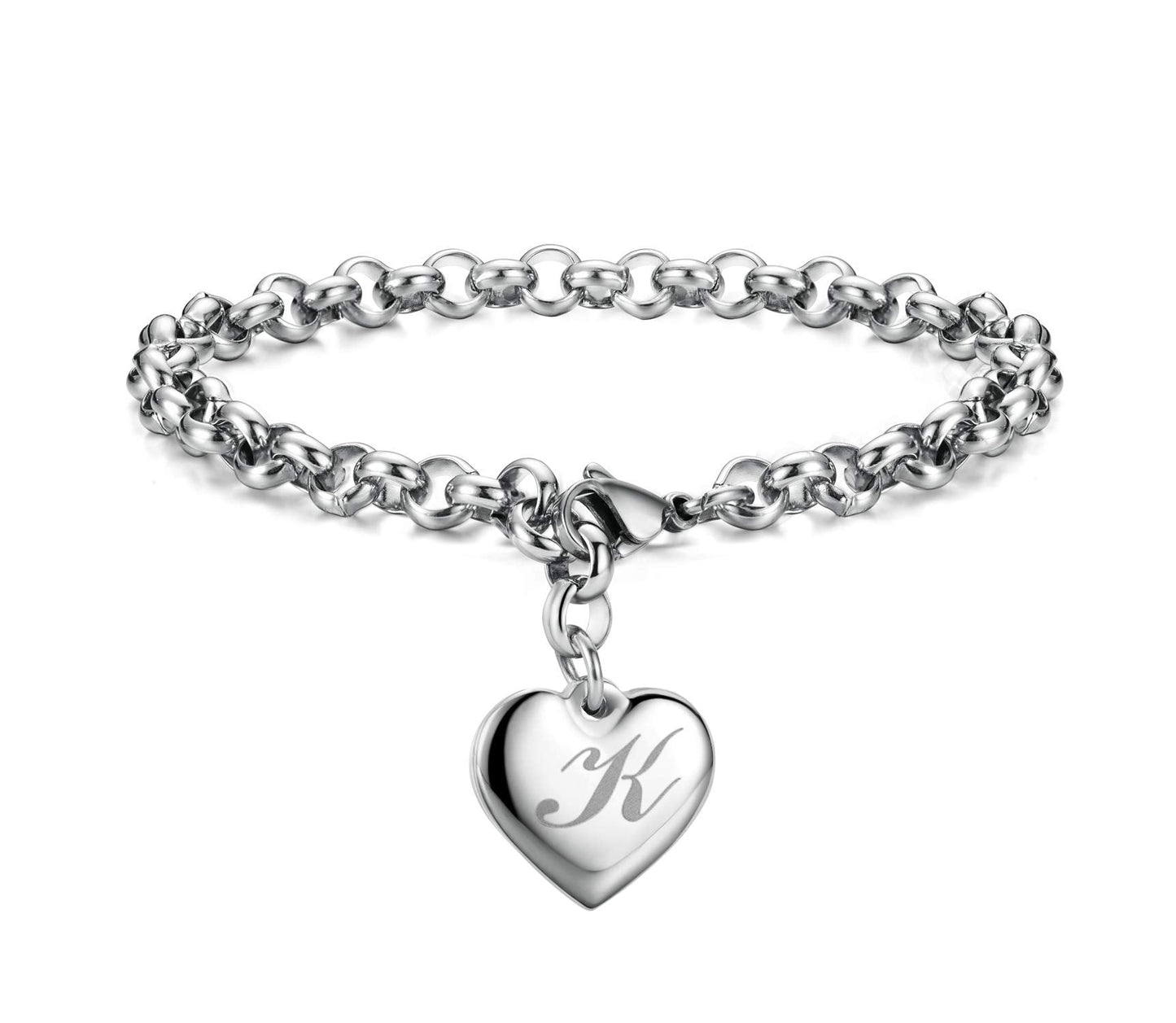 Monily Initial Charm Bracelets for Women Stainless Steel Charm Bracelets for Women Letters K Alphabet Heart Bracelet Jewelry Gif