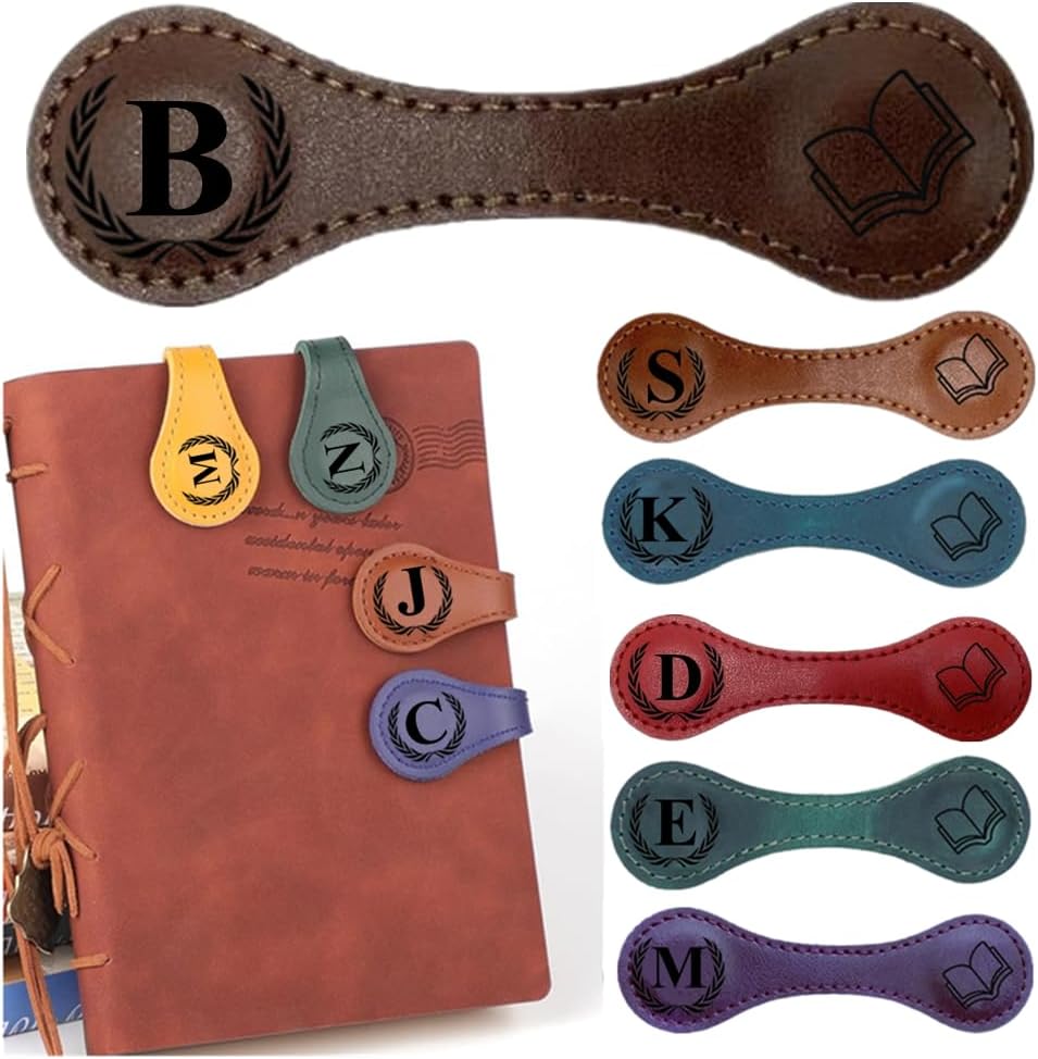 Personlized Magnetic Leather Bookmarks with Initials, Customized Book Marks Clip 26 Letters Bookmark for Reading Women, Men, Kids,Cute Book Markers Meaningful Gift for Book Lovers (Dark Brown, B)