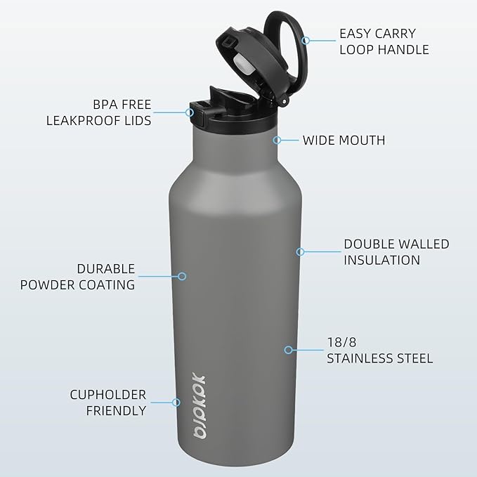BJPKPK Insulated Water Bottle With Straw 17oz Stainless Steel Water Bottles With 2 Lids And Carry Handle Reusable Travel Metal Thermal Flask,Grey