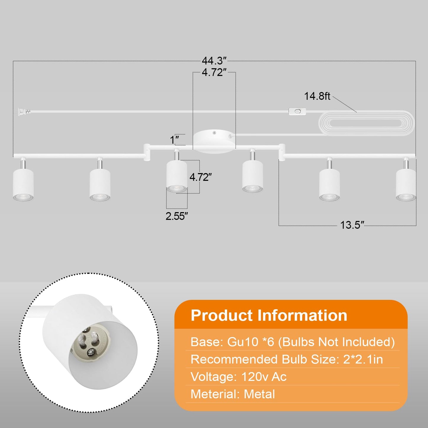 Plug In Track Lighting Led  Track Lighting Fixtures Ceiling  White 6-Light Kitchen Light Kit  Plug In Wall Light With 14.8Ft Power Cord  Rotatable Ceiling Spotlight For Bedroom(Gu10 Socket  No Bulb)