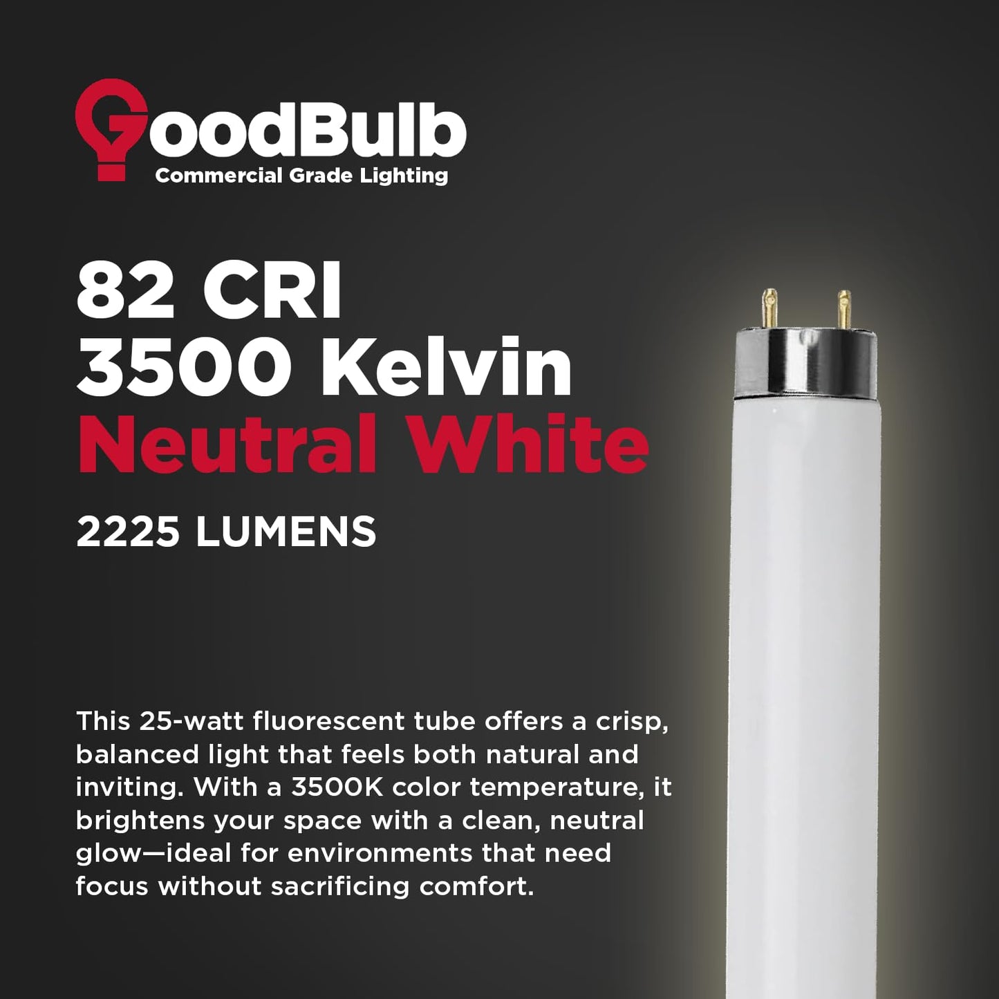 Goodbulb 25W T8 Fluorescent Light Bulb - 3500K Soft White, 2225 Lumens, 25 Count Pack