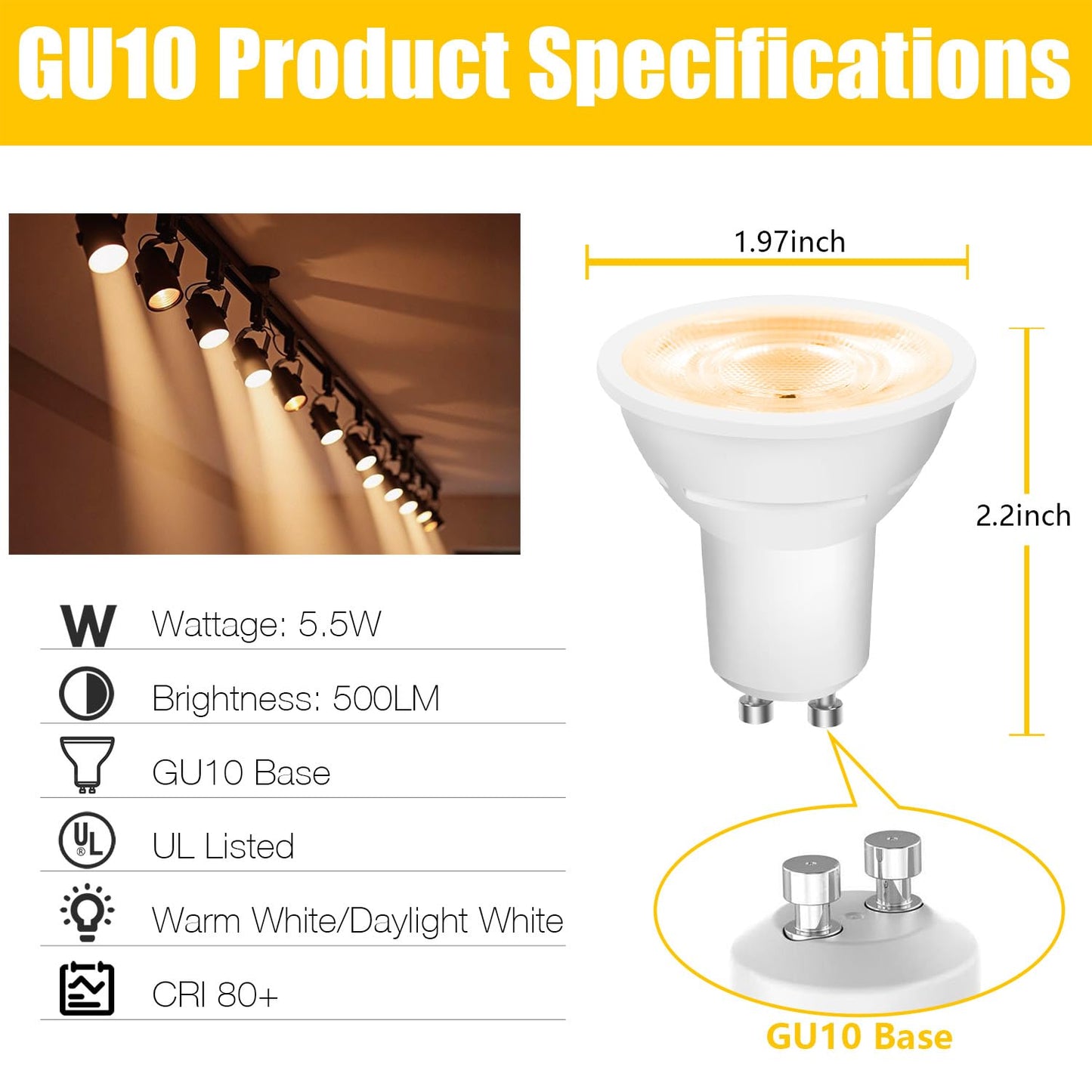 Daybetter Gu10 Led Light Bulbs  Dimmable Gu10 Bulb Replacement For Track Lighting  5.5W Equivalent 50W  500 Lm Warm White 2700K  Mr16 Led Bulb For Kitchen  Range Hood  Living Room  12 Pack