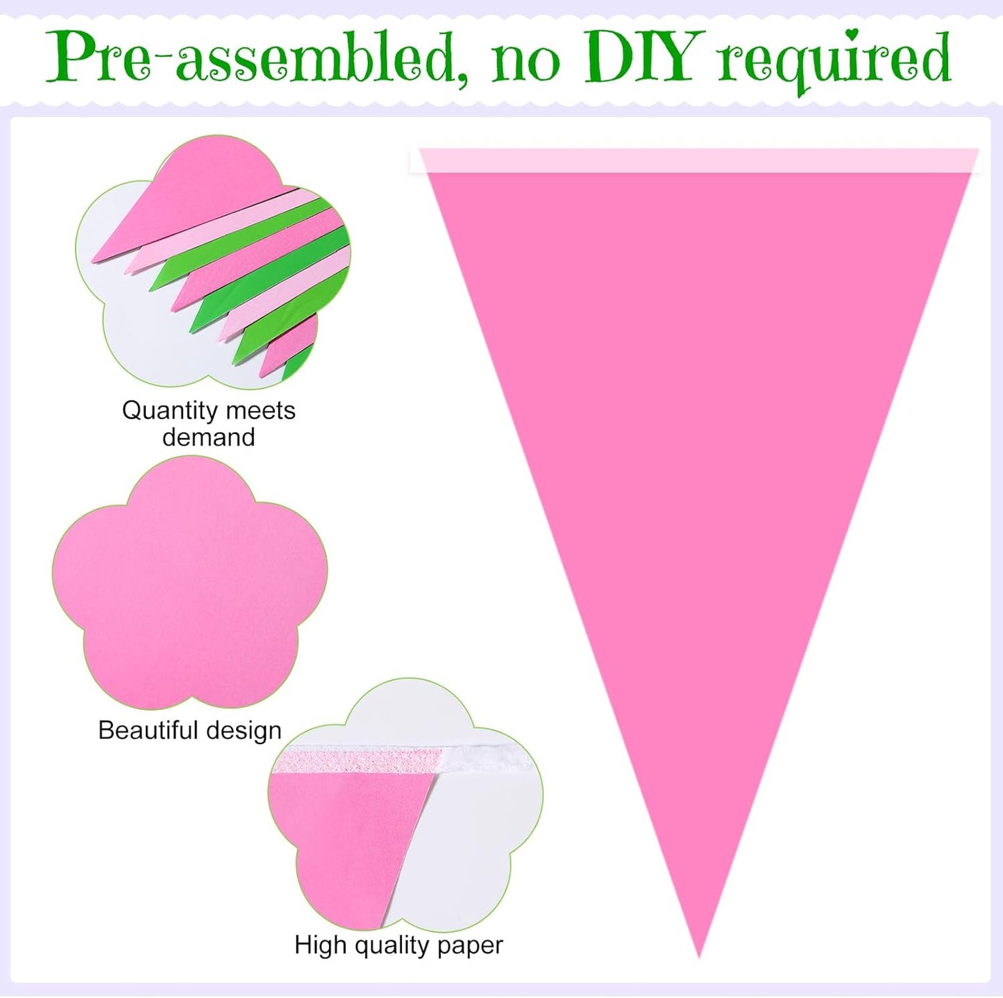 Pasimy 49.21 ft 60 Pieces Party Pennant Banner Flags Decorations String Triangle Flags for Birthday Baby Shower Carnival Movie Witch Crown Party Supplies (Pink and Green)