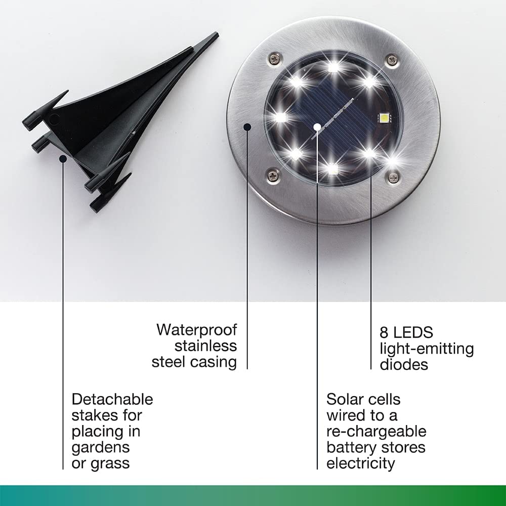 Bell+Howell Solar-Powered 8-LED Swivel Disk Lights for Outdoor Use, Black, Set of 8