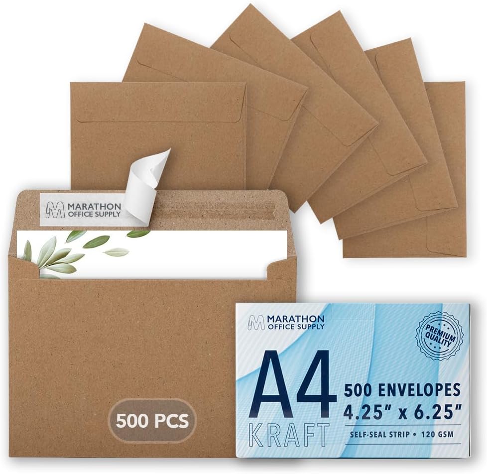 MOS A4 Kraft Envelopes 4.25 x 6.25 Inch 500 Pack — Brown Self-Seal Heavyweight Invitation Envelopes for Greeting Cards, Card Making, RSVP, Wedding Invitations, Business Mailings