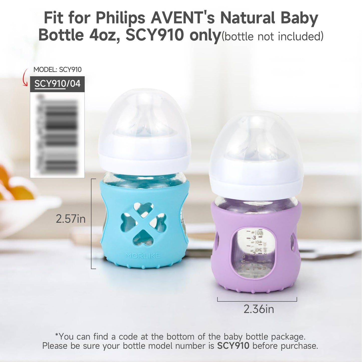 Morlike Silicone Baby Bottle Holder Sleeves Fit for Philips Avent Natural Glass Baby Bottles 4oz, 100% Silicone Baby Bottle Covers for SCY910, Protecting Glass Bottles, Dishwasher Safe (4 Pack)