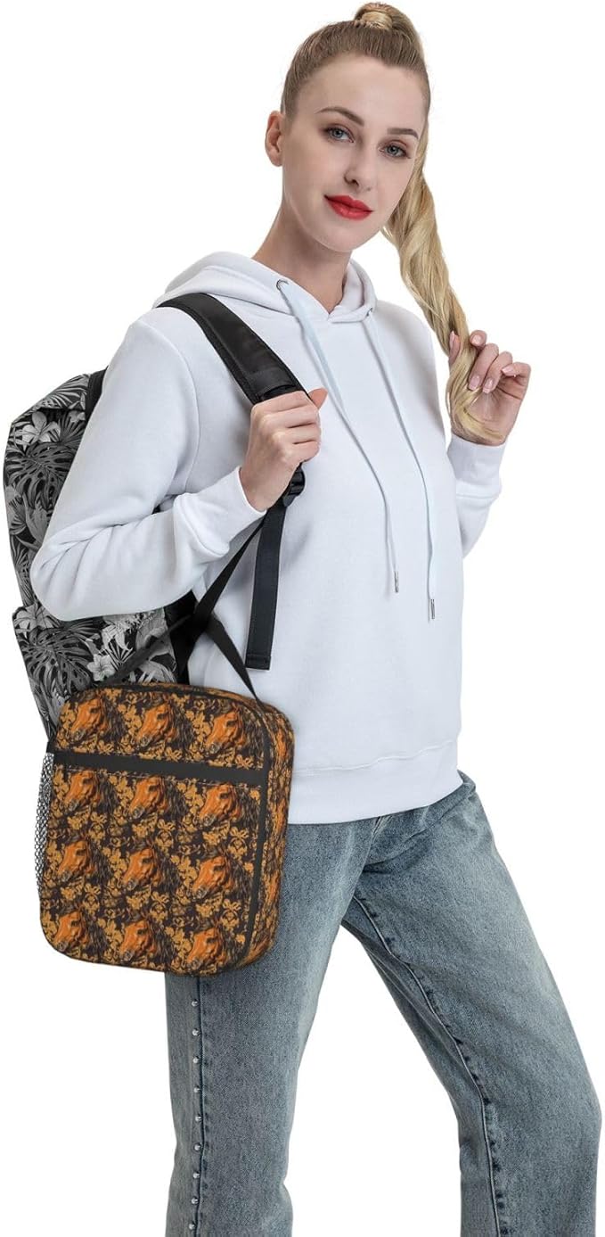 Vintage Horse Lunch Box for Adults,Men,Women,Brown Animal with Floral Background Insulated Lunchbox,Leakproof Tote Bag,Reusable Cooler Bags for Work,Picnic,Office,Travel,Stylish Lunchbag Gifts